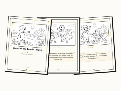 Three black and white colouring pages with thick clean outlines, showing a boy and a dragon