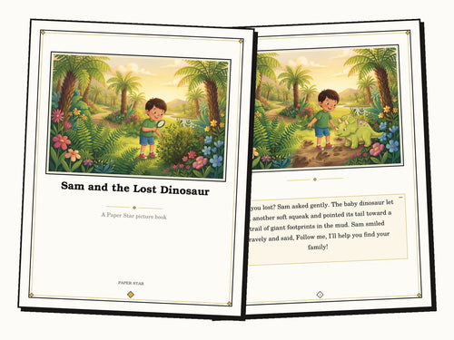 A painted custom picture book cover and an illustrated story page