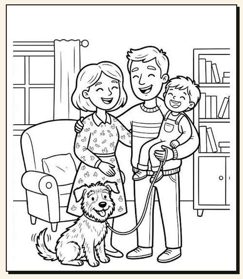 A Paper Star coloring page: a family and their dog drawn in clean black outlines on a US Letter sheet, ready to print and color in.