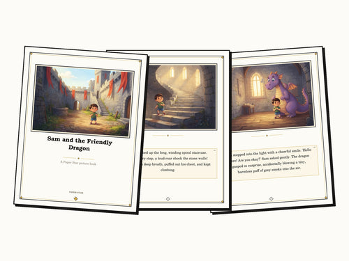 Three pages of a Paper Star full-colour picture book, showing the cover and two illustrated story pages
