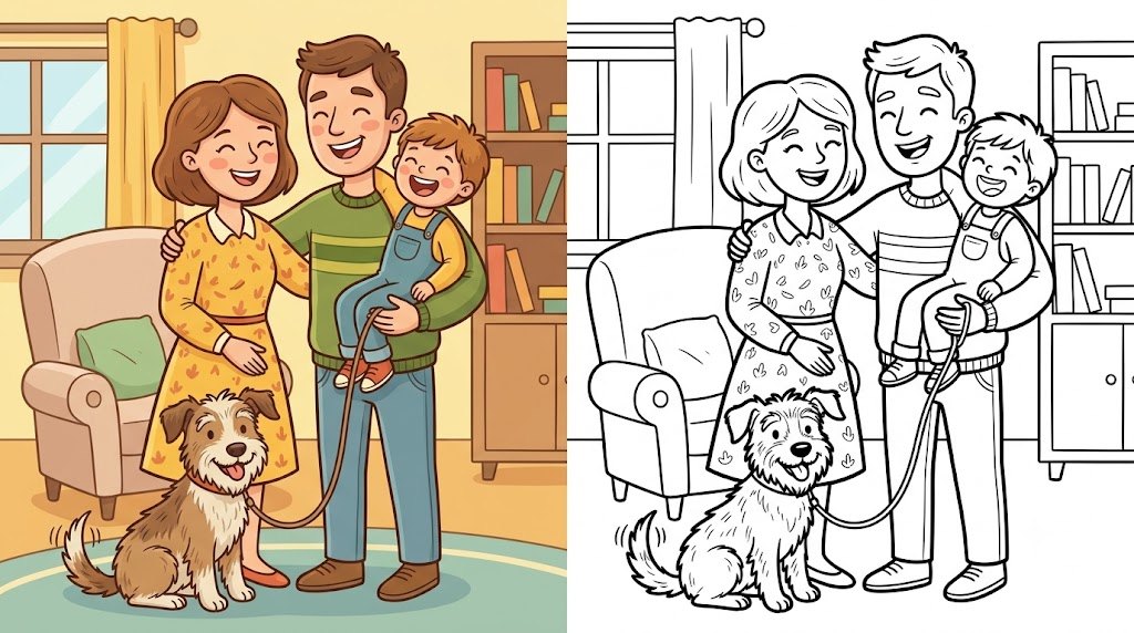 A cartoon family next to the same scene as a coloring page
