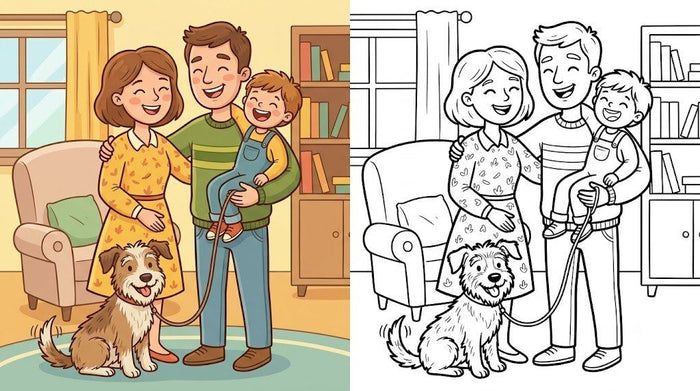 A cartoon family next to the same scene as a coloring page
